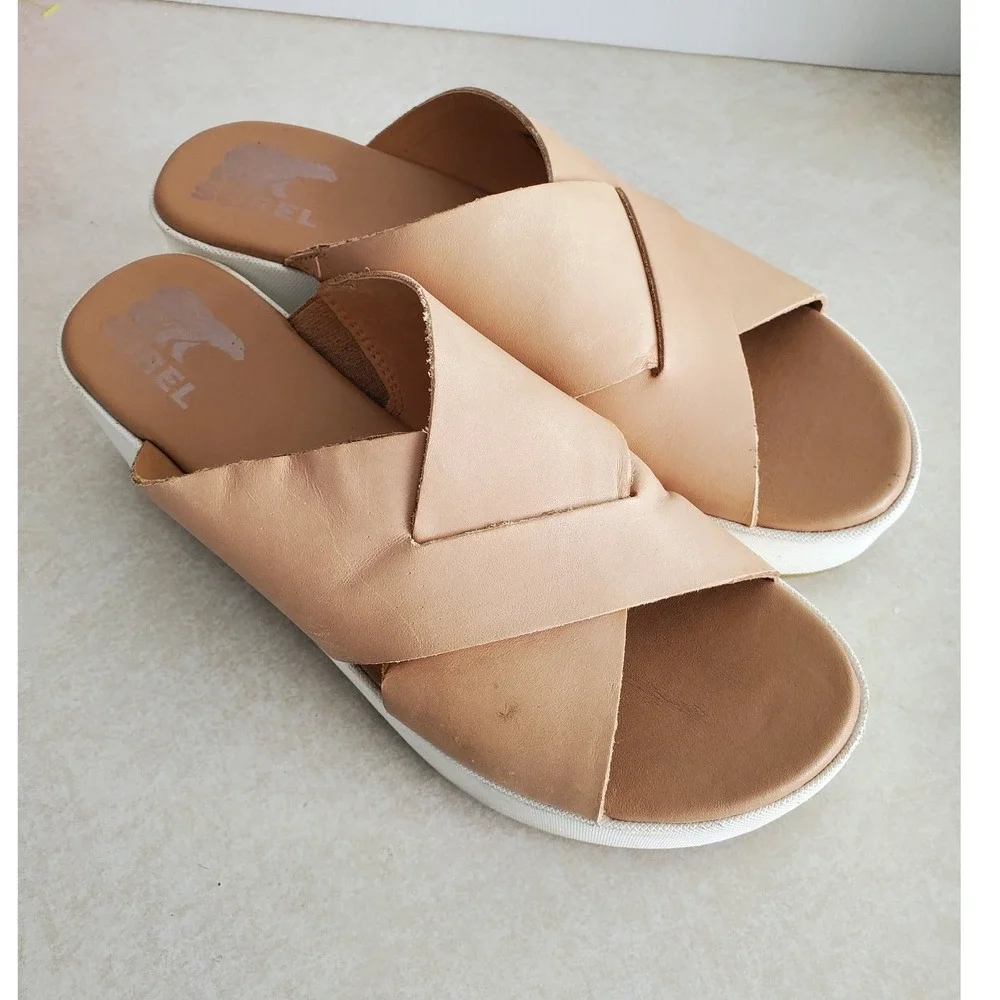 Sorel Cameron Flatform Sandal Tan Leather Cross Strap Platform Comfort Shoes